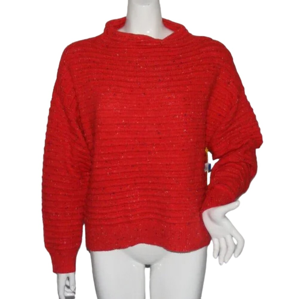 new CECE Sweater, XL, Red Ribbed, Mockneck Pullover, Flecked, Cotton-Acrylic